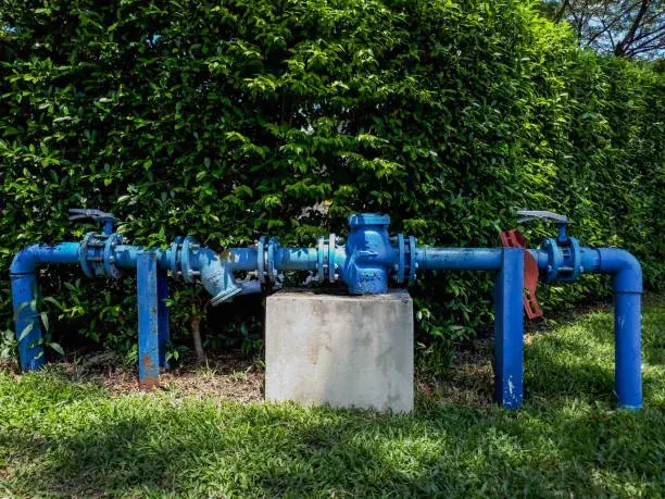 Backflow prevention assembly installed beside a lawn at a California property