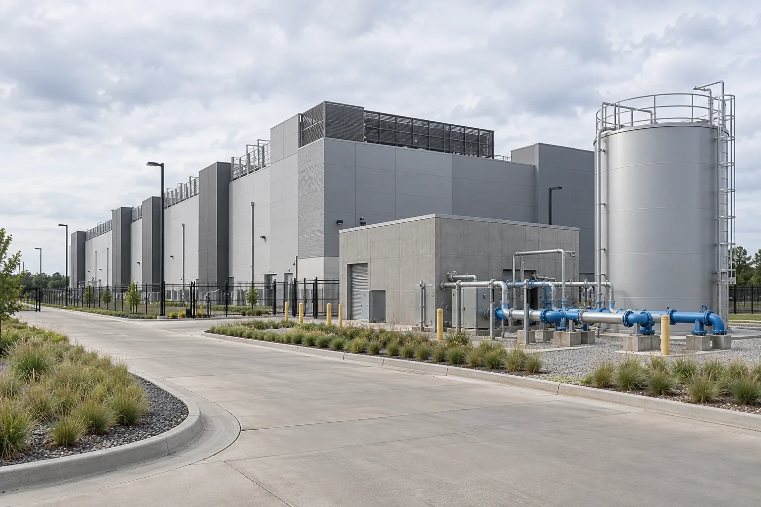 Data center building beside a water storage tank and blue process piping on concrete pads