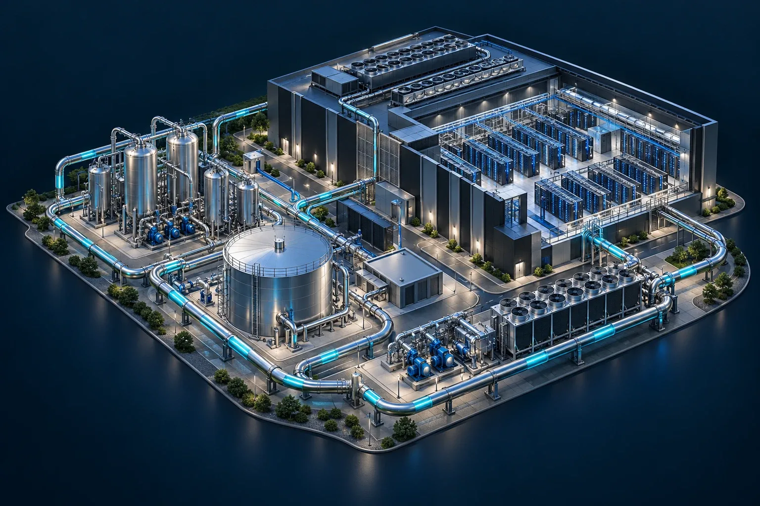 Illustration of a data center campus with water treatment tanks, a storage tank, pumps and cooling equipment connected by piping