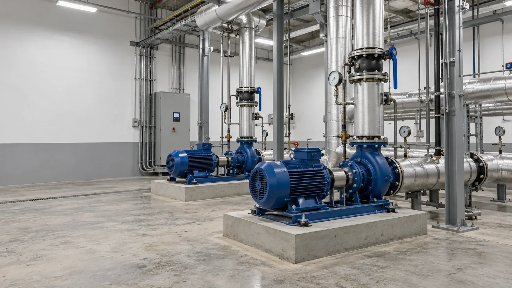Cooling water pump room with two blue pumps on concrete pads, insulated piping and pressure gauges