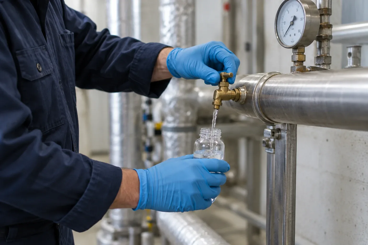Technician in blue gloves collecting a water sample from a tap on a stainless steel pipe beside a pressure gauge