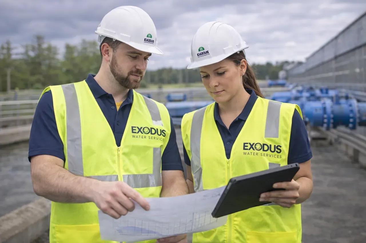 Exodus contract operators in branded safety vests reviewing system plans outdoors