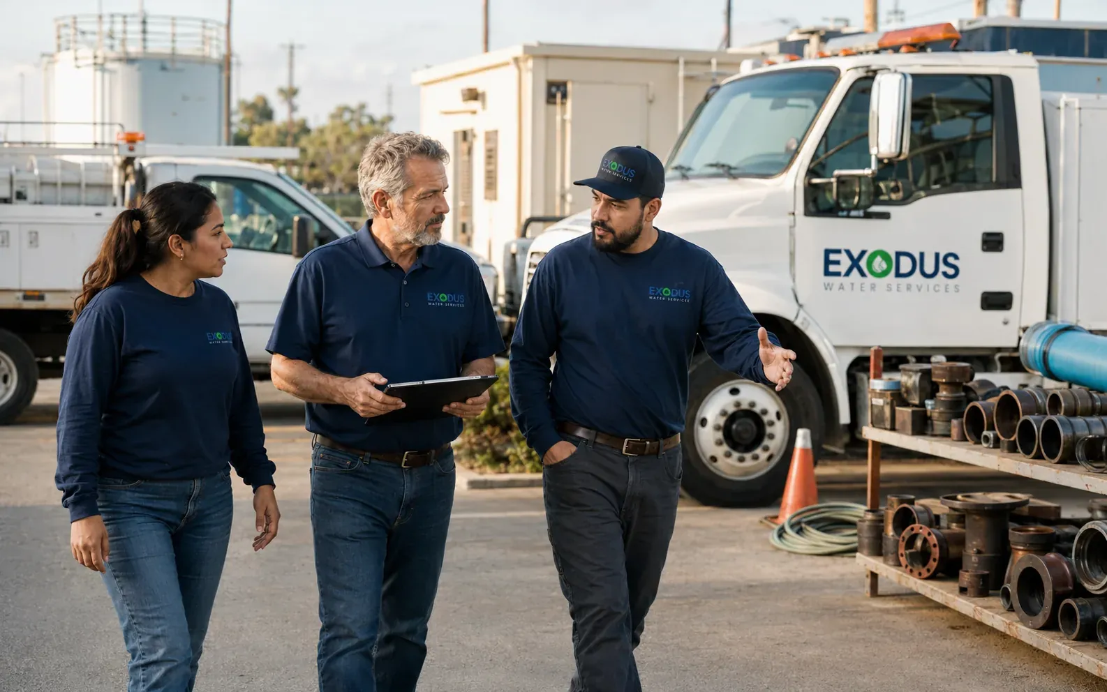 Three Exodus Water Services team members walking past a branded service truck at a California water facility