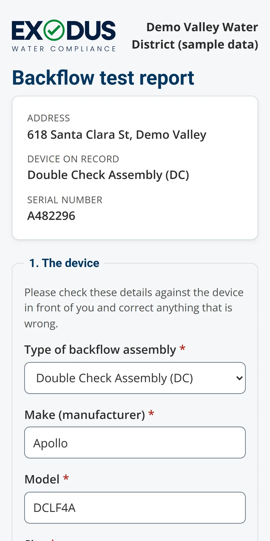 The phone form a backflow tester opens from the QR code on a notice letter, shown with sample data