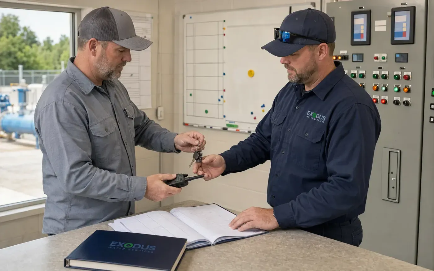 Plant keys and a radio being handed over at a treatment plant control panel