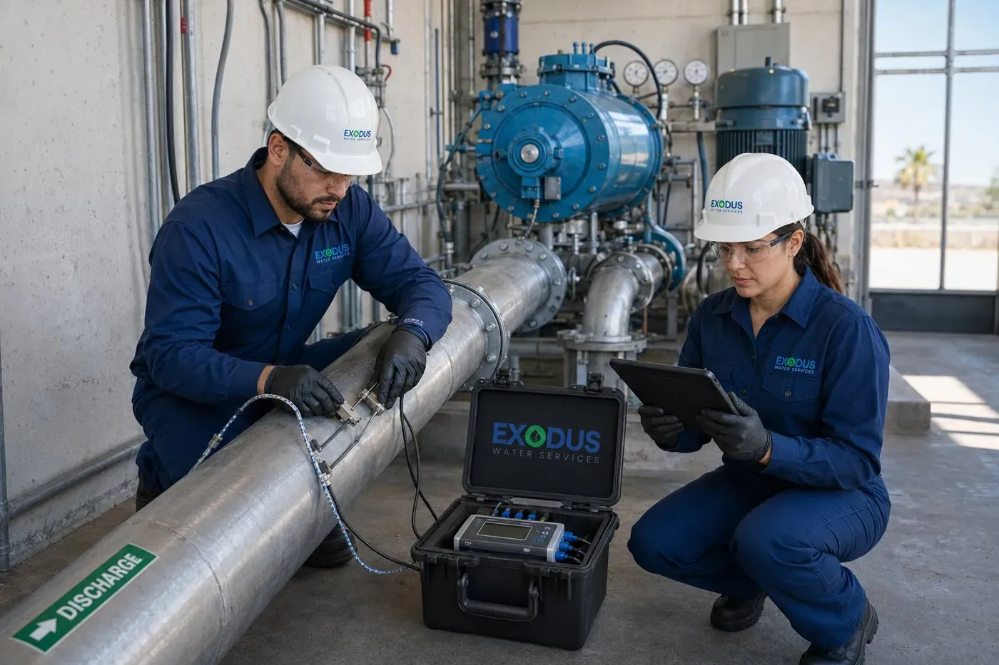 Two technicians taking an ultrasonic flow measurement on a large plant discharge pipe
